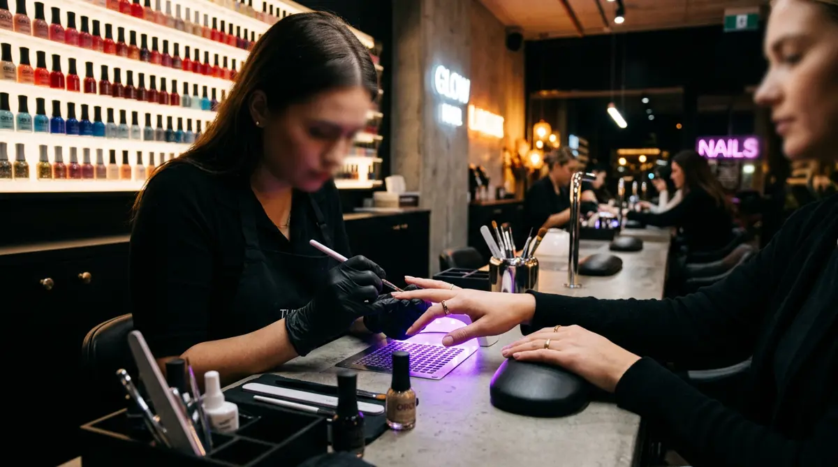 A nail technician sculpting gel extensions in front of a wall of colour